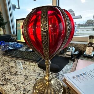 13” Mark Roberts Ruby Glass Pedestal Accent – Brass Base & Floral Bands